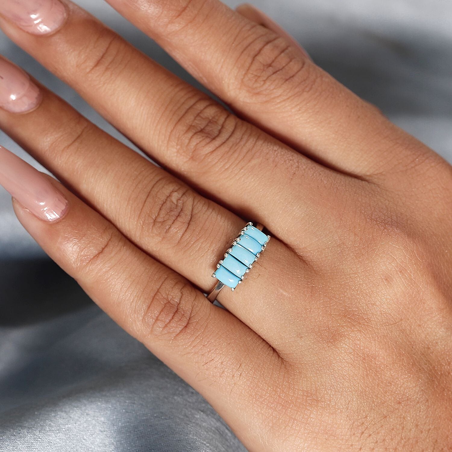 Sleeping Beauty Turquoise 5 Stone Ring in rhodium Sterling Silver 1.30 Ct. 7977850 3