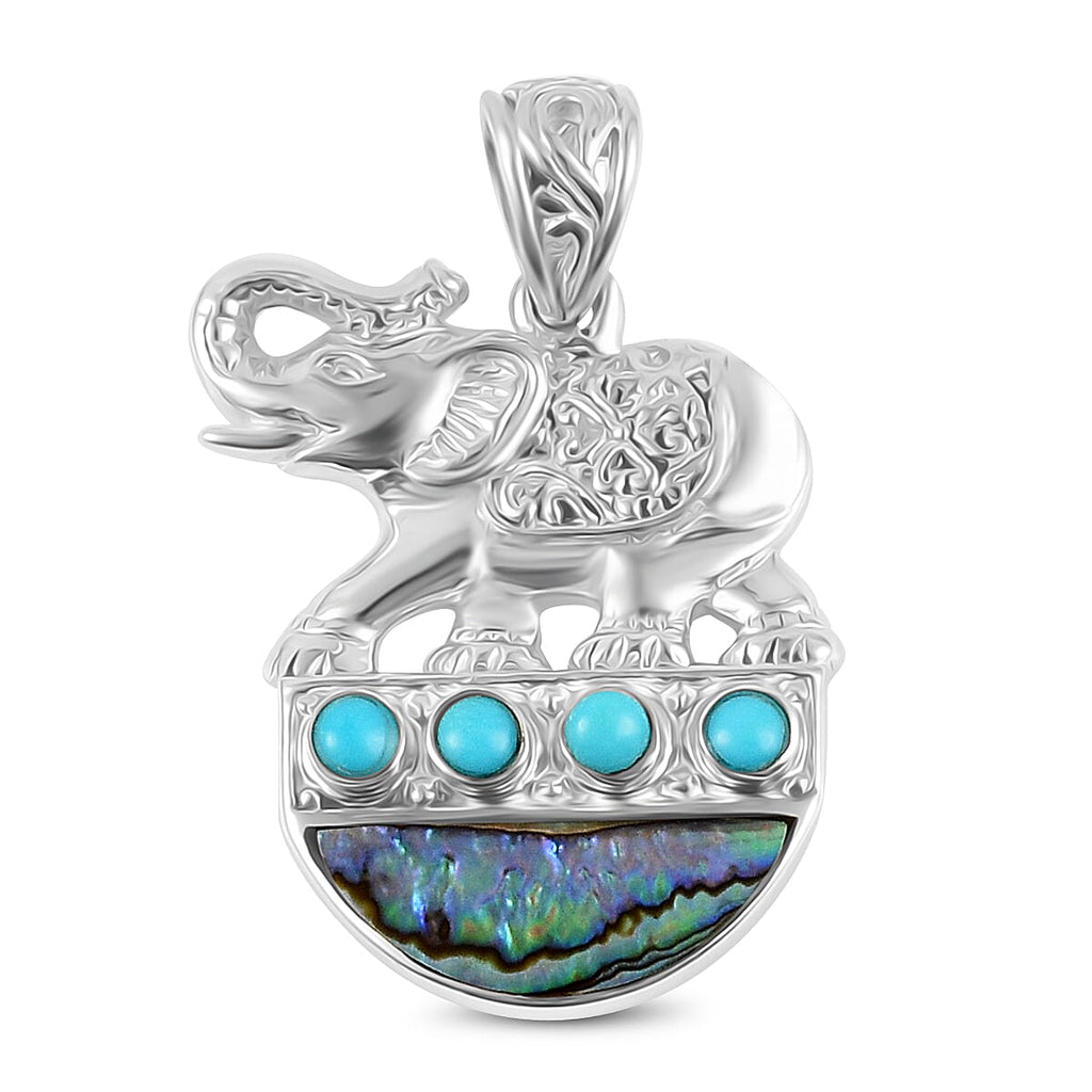 Royal Bali Collection - Mystic Waters Collection - Handmade Sleeping Beauty Turquoise & Abalone Shell Pendant Sterling Silver Silver Wt. 6.34 Gms.