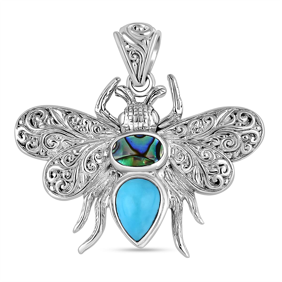 Royal Bali Collection - Handmade Sleeping Beauty Turquoise &amp; Abalone Shell Pendant Sterling Silver 2.00 Ct, Silver Wt. 8.30 Gms. 7924010 0