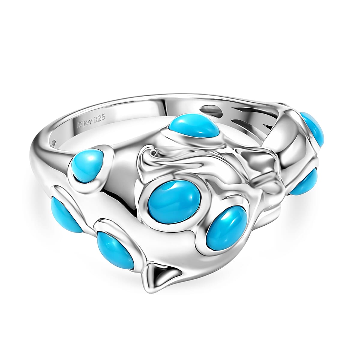 D'Joy Sleeping Beauty Turquoise, Black Spinel Adjustable Panther Ring in Rhodium Overlay Sterling Silver 2.02 Ct. 8466061 0