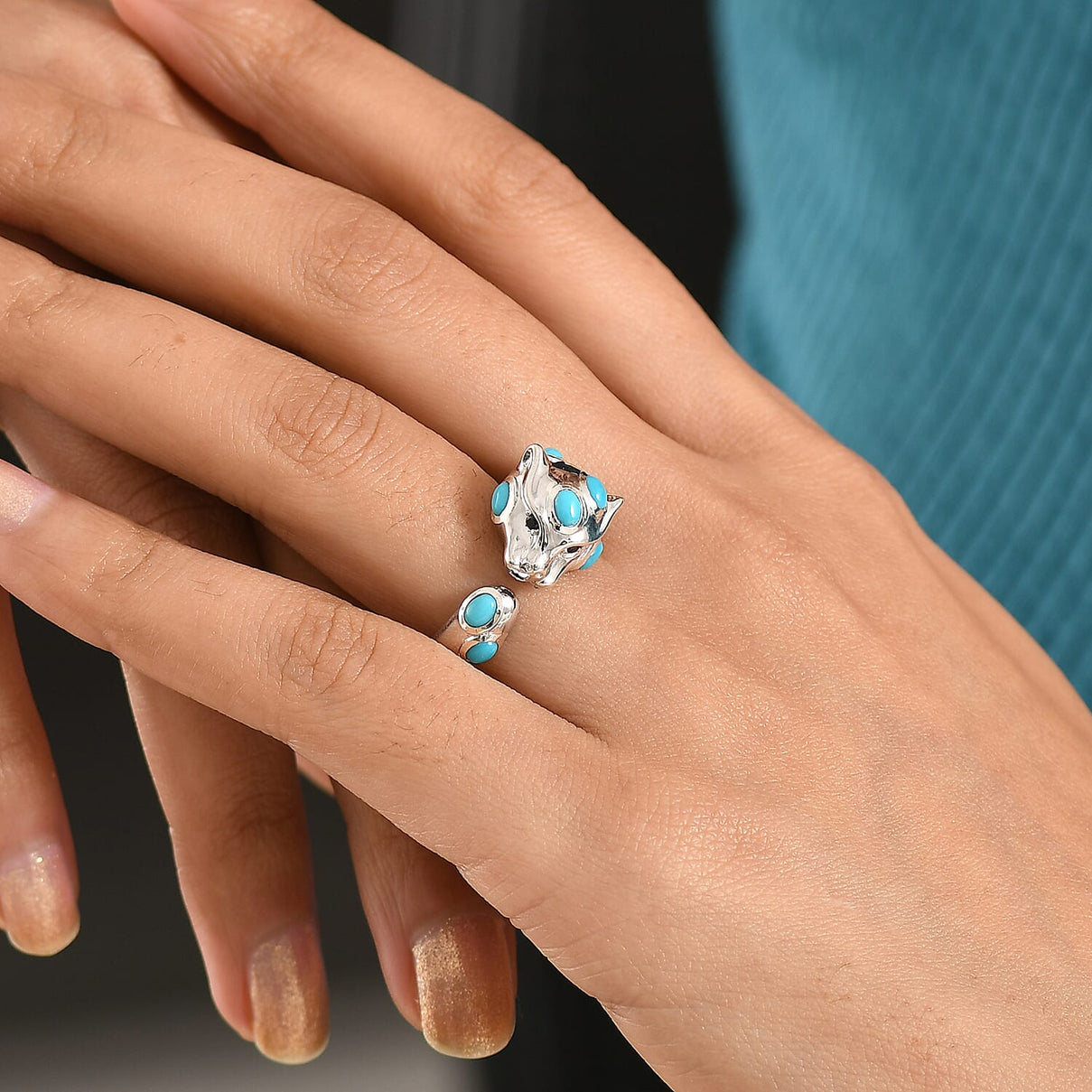 D'Joy Sleeping Beauty Turquoise, Black Spinel Adjustable Panther Ring in Rhodium Overlay Sterling Silver 2.02 Ct. 8466061 2
