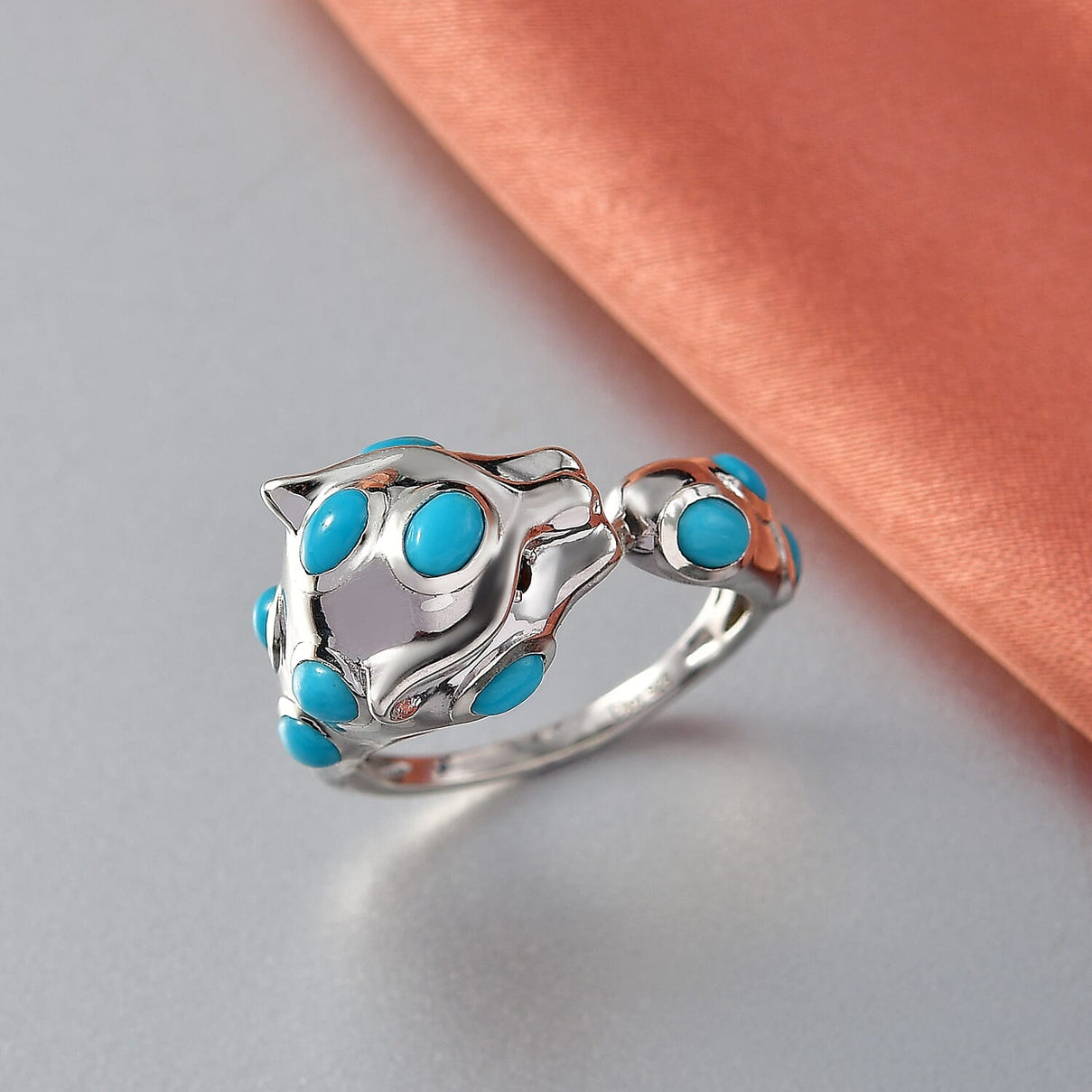 D'Joy Sleeping Beauty Turquoise, Black Spinel Adjustable Panther Ring in Rhodium Overlay Sterling Silver 2.02 Ct. 8466061 3