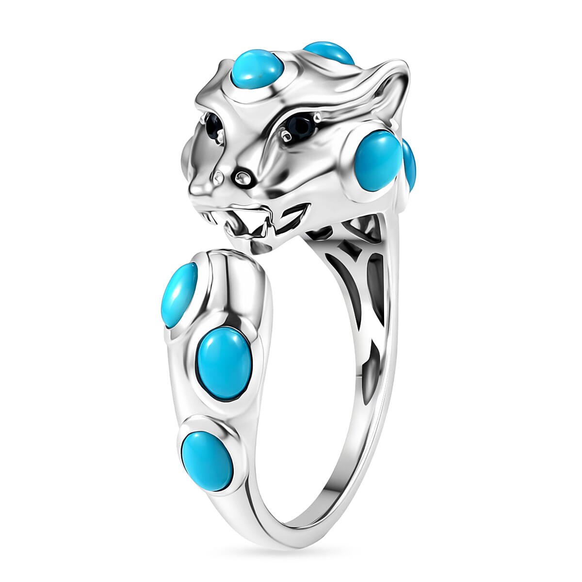 D'Joy Sleeping Beauty Turquoise, Black Spinel Adjustable Panther Ring in Rhodium Overlay Sterling Silver 2.02 Ct. 8466061 4