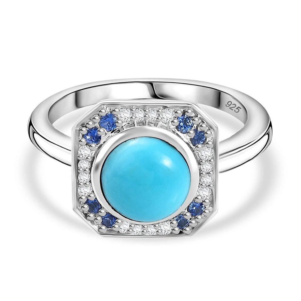 D'joy Sleeping Beauty Turquoise, Blue Sapphire & White Zircon Solitaire Ring in Rhodium Overlay Sterling Silver 1.36 Ct.