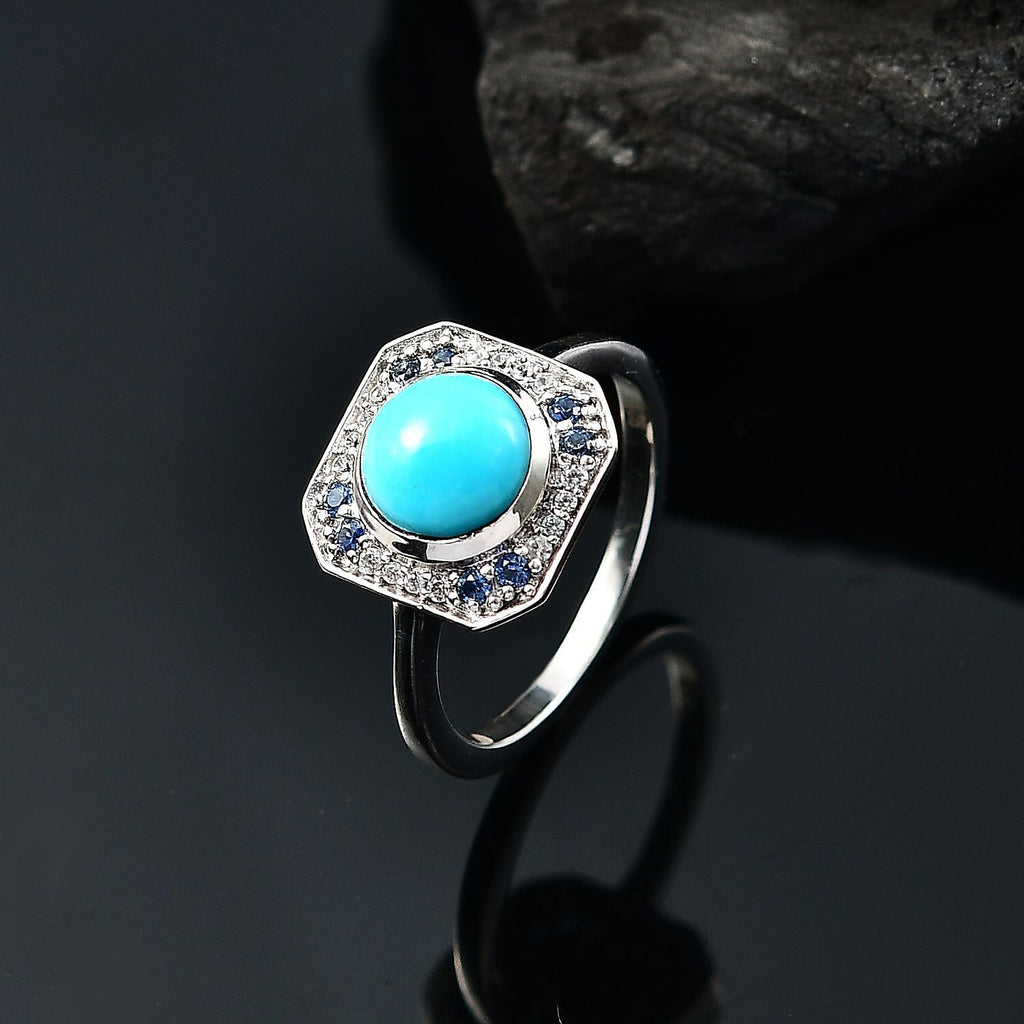 D'joy Sleeping Beauty Turquoise, Blue Sapphire & White Zircon Solitaire Ring in Rhodium Overlay Sterling Silver 1.36 Ct.