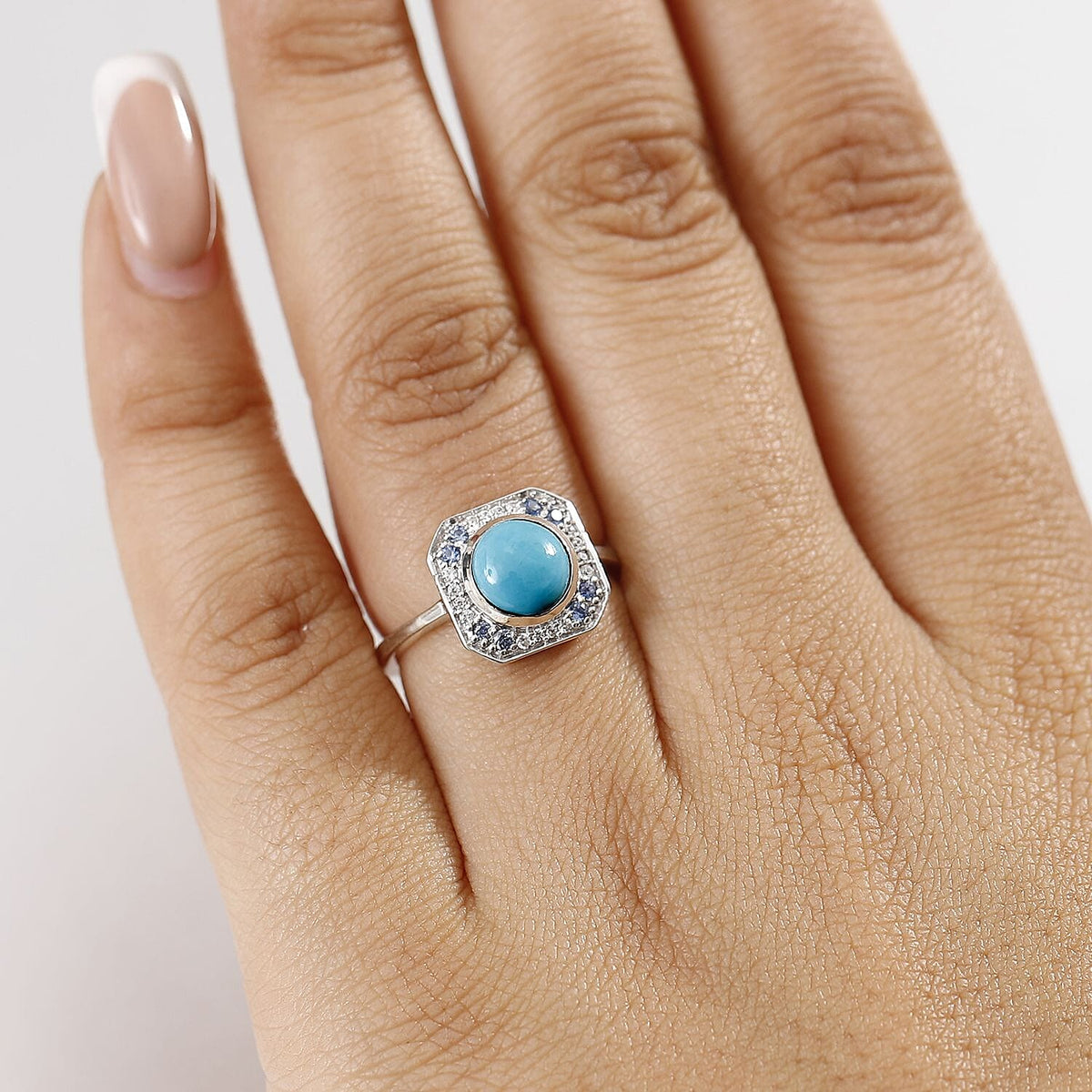 D'joy Sleeping Beauty Turquoise, Blue Sapphire &amp; White Zircon Solitaire Ring in Rhodium Overlay Sterling Silver 1.36 Ct. 8061595 3
