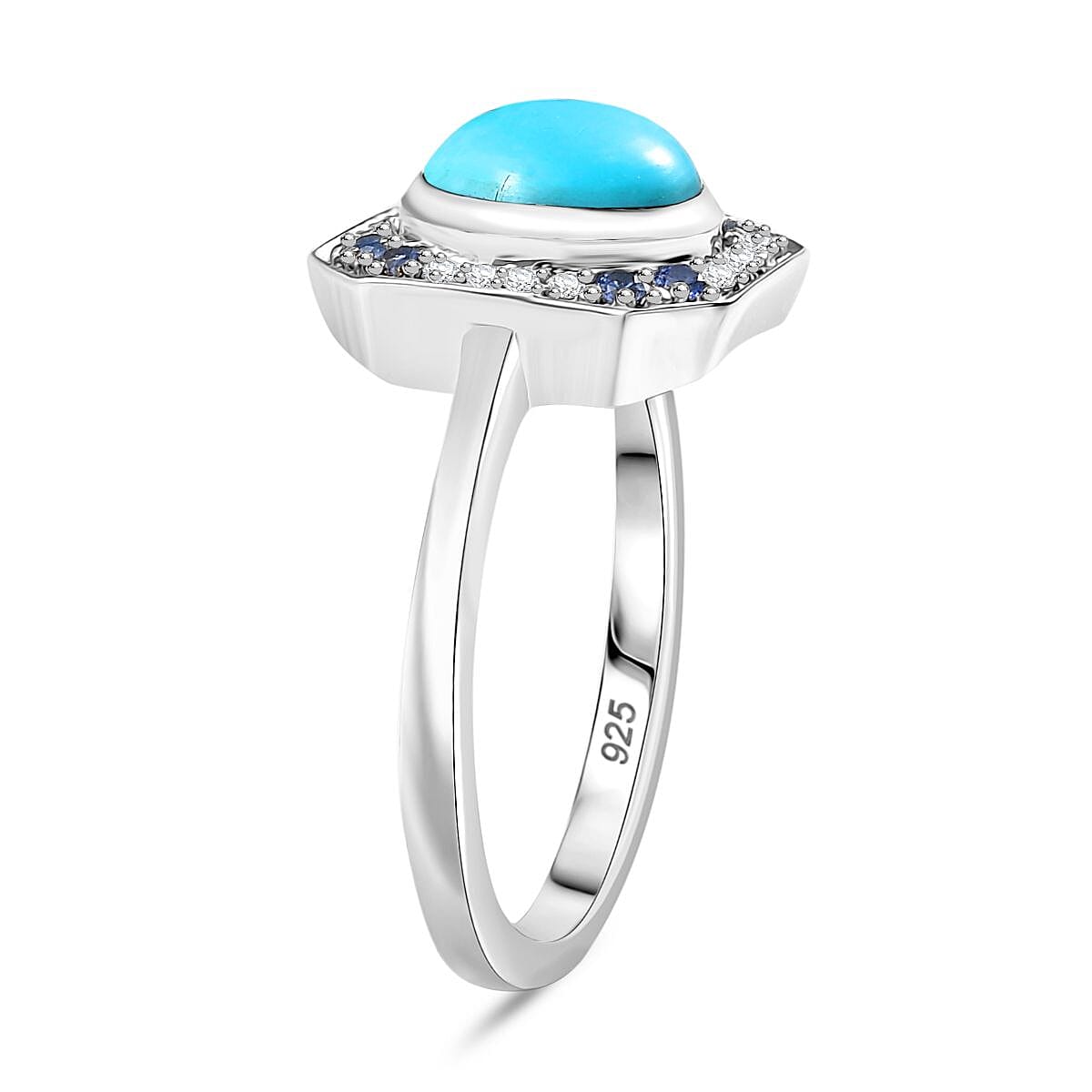 D'joy Sleeping Beauty Turquoise, Blue Sapphire &amp; White Zircon Solitaire Ring in Rhodium Overlay Sterling Silver 1.36 Ct. 8061595 4