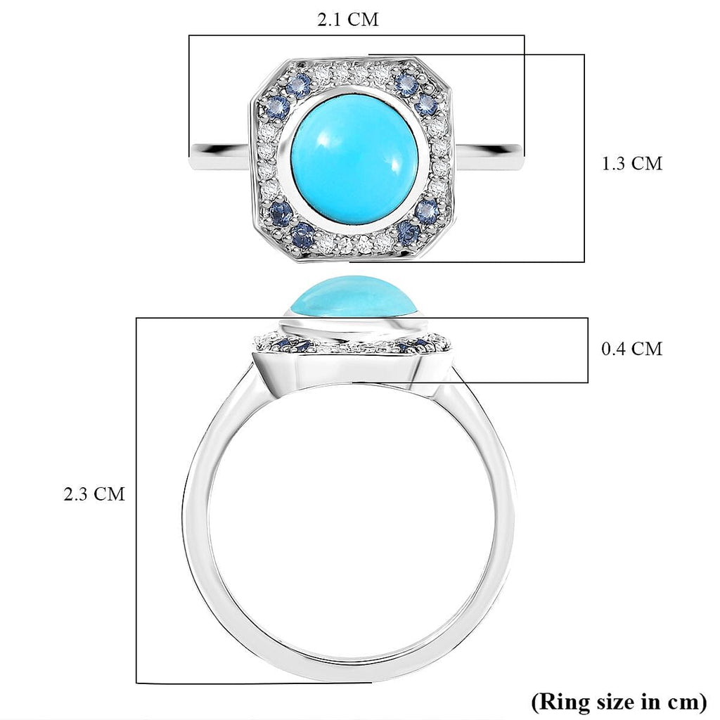 D'joy Sleeping Beauty Turquoise, Blue Sapphire & White Zircon Solitaire Ring in Rhodium Overlay Sterling Silver 1.36 Ct.