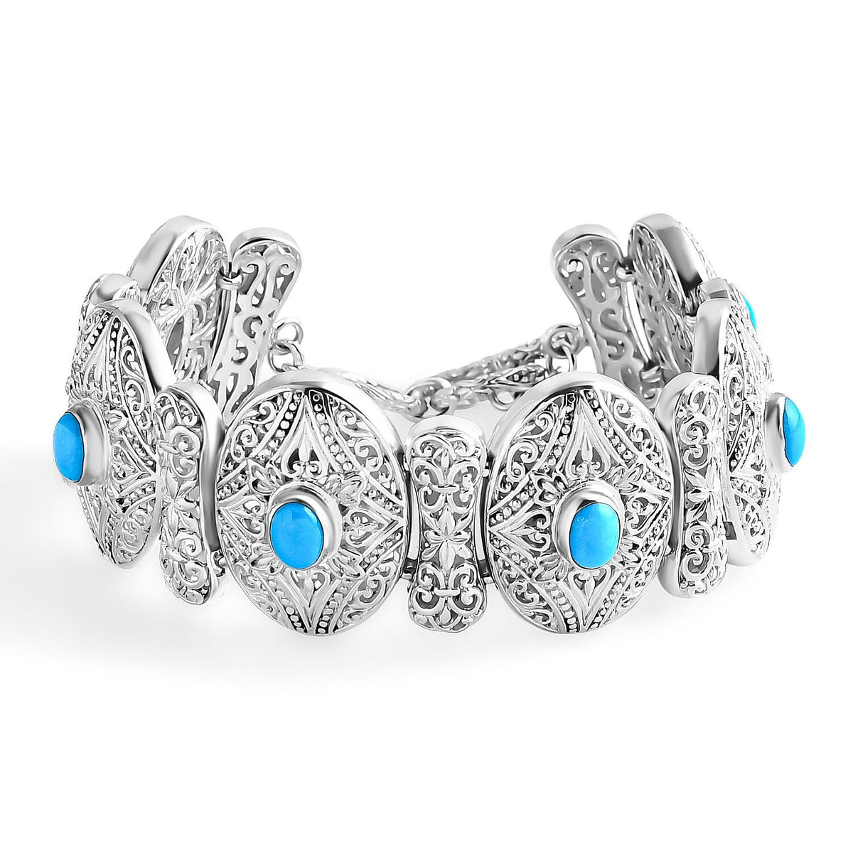 Sleeping Beauty Turquoise Bracelet (Size - 8) with T-Bar Clasp Sterling Silver 4.40 Ct, Silver Wt. 50.92 Gms. 7751675 0