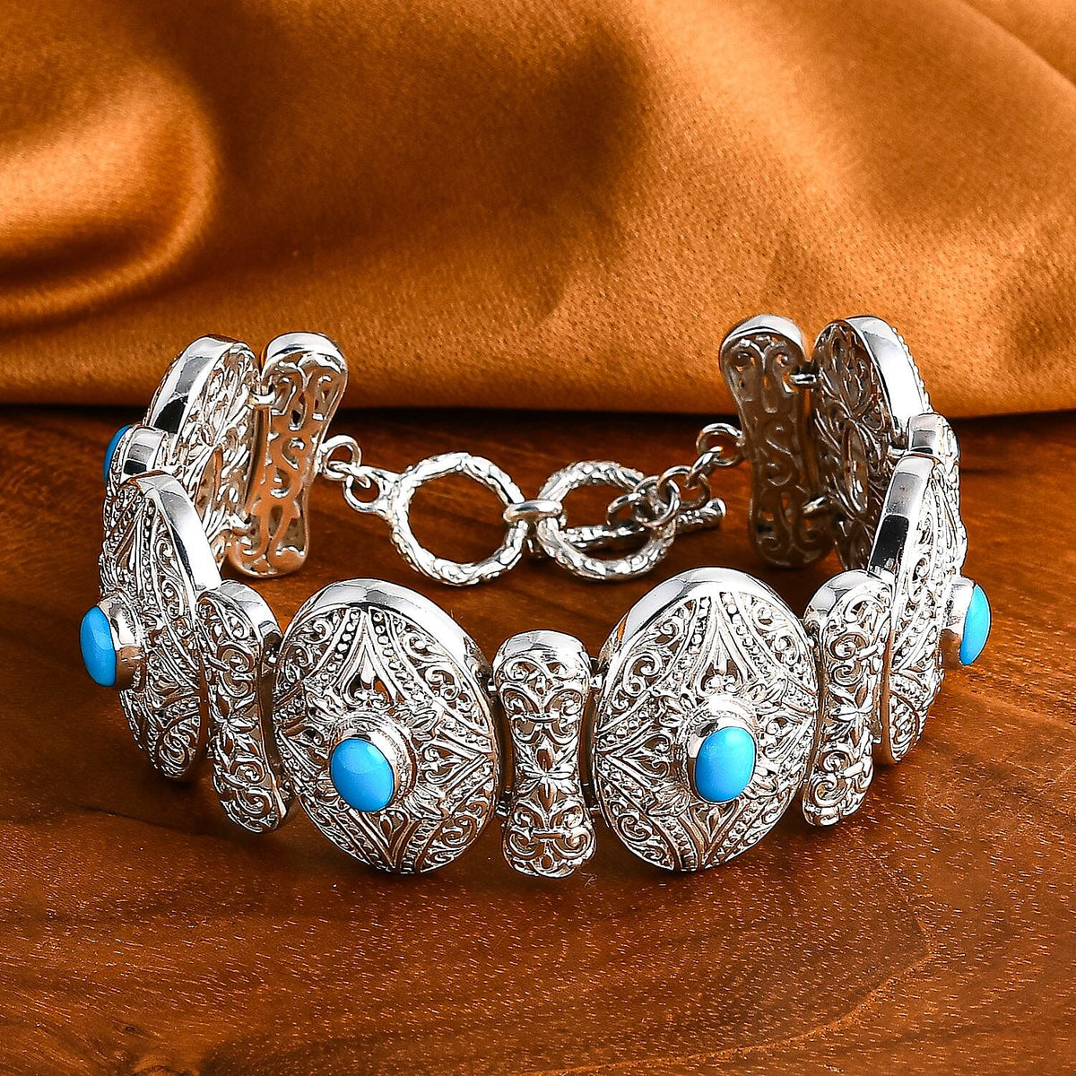 Sleeping Beauty Turquoise Bracelet (Size - 8) with T-Bar Clasp Sterling Silver 4.40 Ct, Silver Wt. 50.92 Gms. 7751675 2