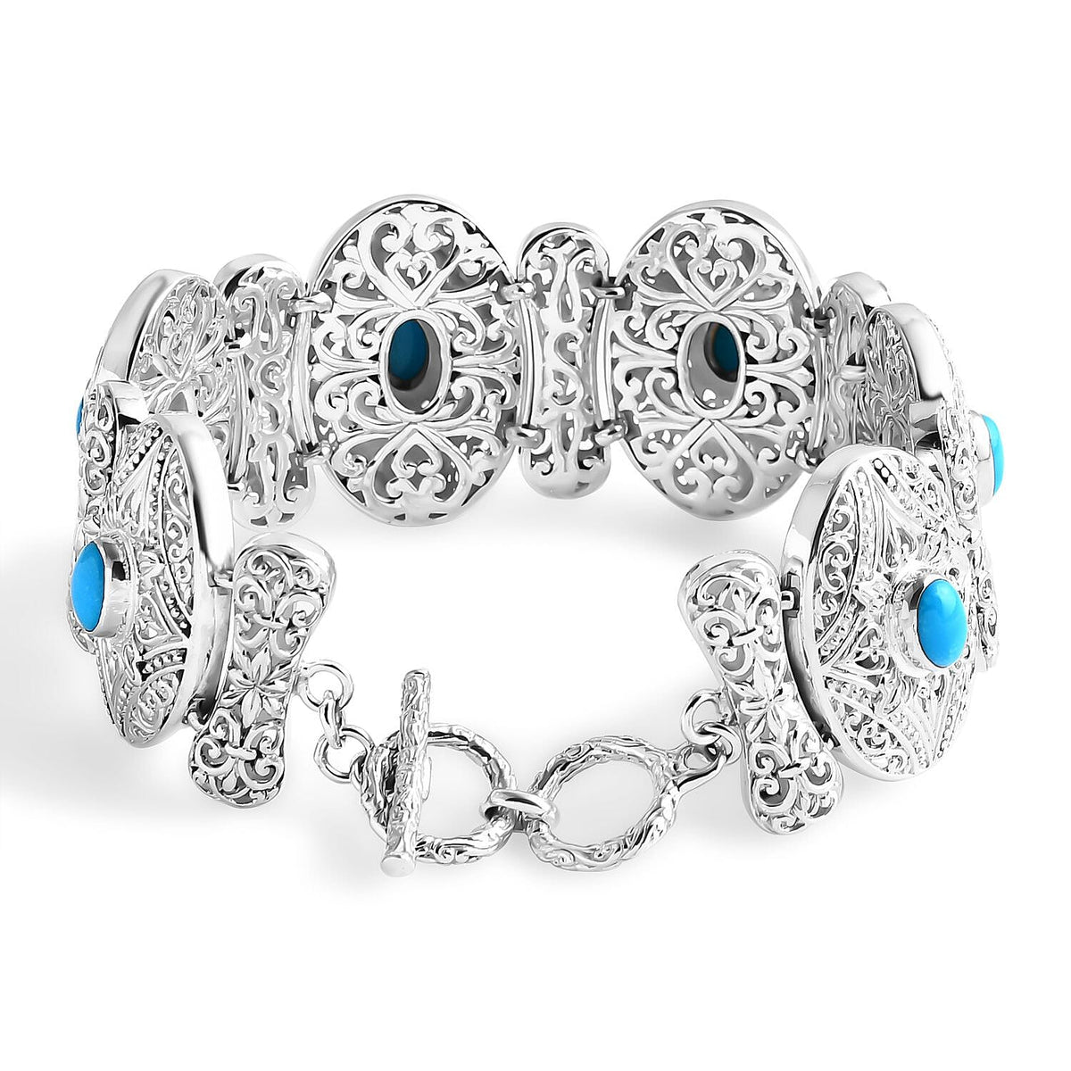 Sleeping Beauty Turquoise Bracelet (Size - 8) with T-Bar Clasp Sterling Silver 4.40 Ct, Silver Wt. 50.92 Gms. 7751675 4