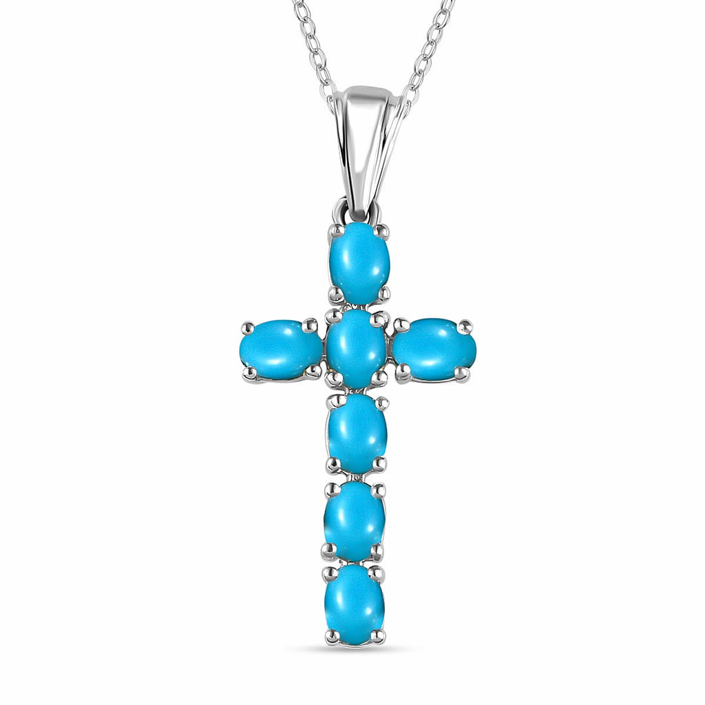 Arizona Sleeping Beauty Turquoise Cross Pendant with Chain (Size-20) in Platinum Overlay Sterling Silver 1.27 Ct.