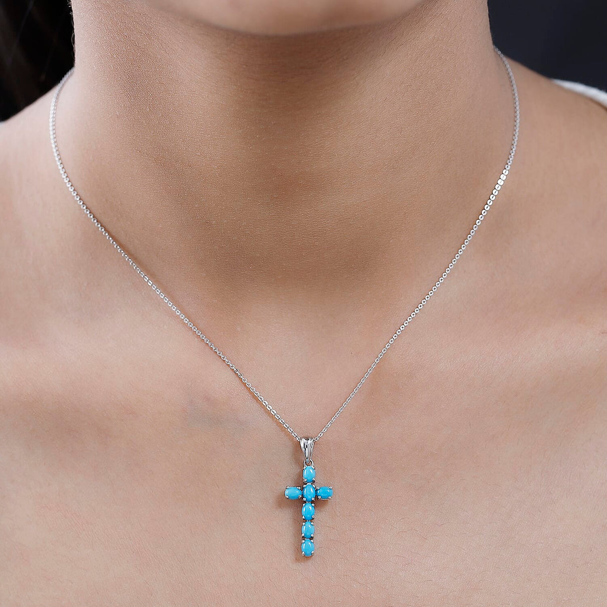 Sleeping Beauty Turquoise Cross Pendant with Chain (Size 20 Inch) in Platinum Overlay Sterling Silver 4203289 2