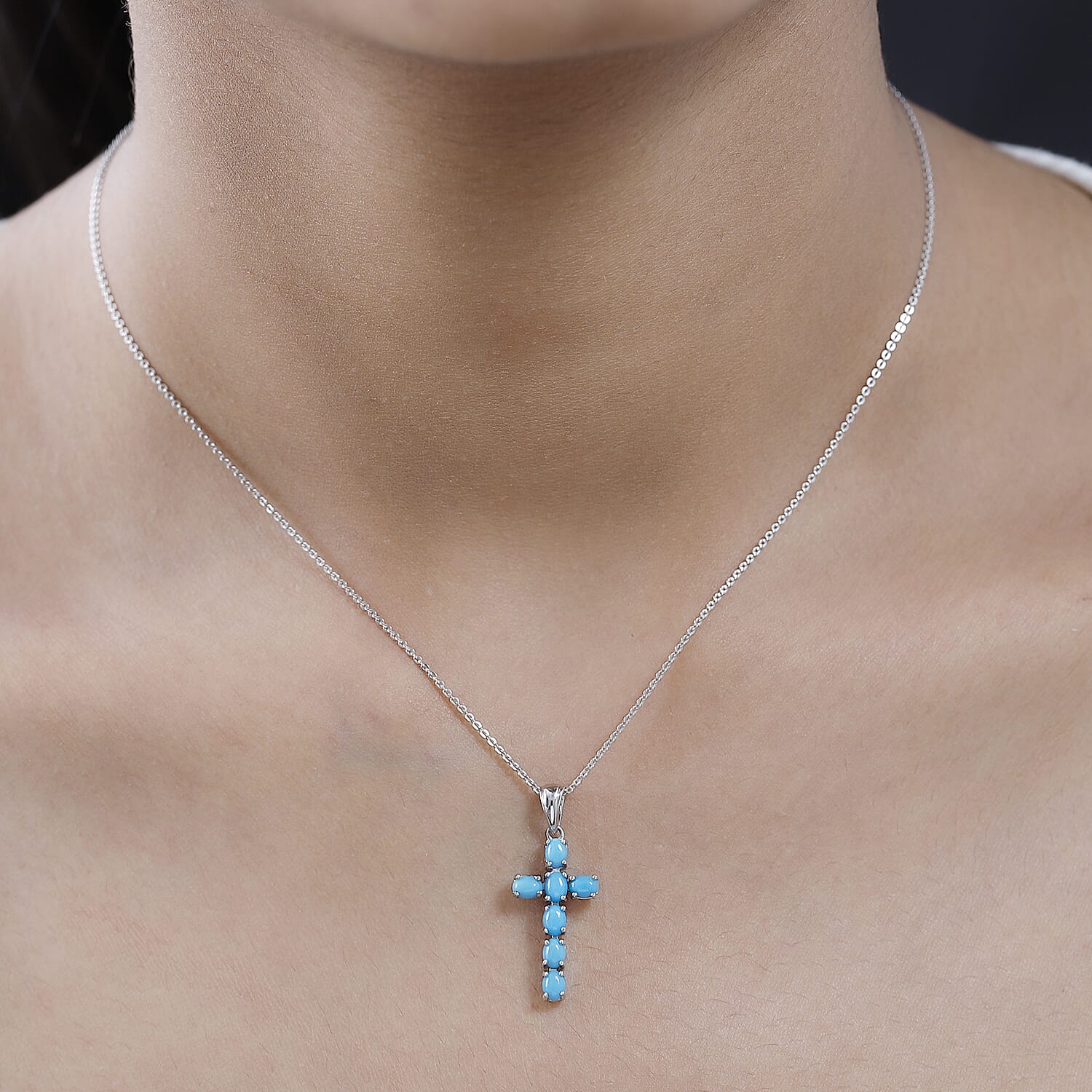 Sleeping Beauty Turquoise Cross Pendant with Chain (Size 20 Inch) in Platinum Overlay Sterling Silver 4203289 2