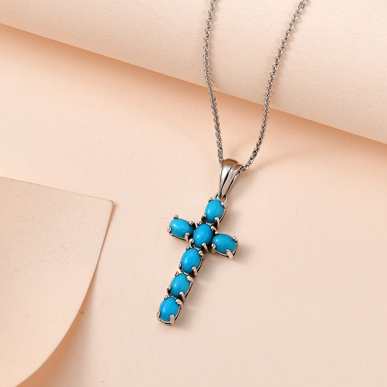 Sleeping Beauty Turquoise Cross Pendant with Chain (Size 20 Inch) in Platinum Overlay Sterling Silver 4203289 3