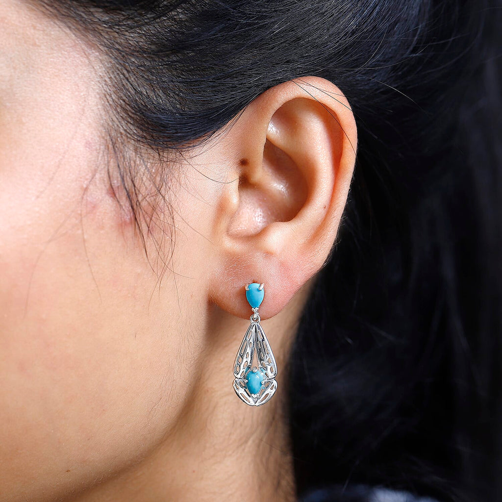 Arizona Sleeping Beauty Turquoise Dangle Earrings in Platinum Overlay Sterling Silver 1.60 Ct.