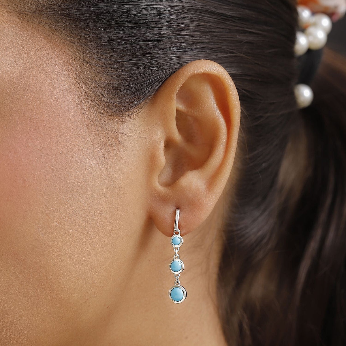 Sleeping Beauty Turquoise Dangling Earring with Push Back in Rhodium Overlay Sterling Silver 1.85 Ct. 8054920 3