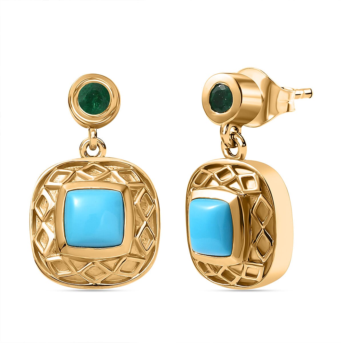 Sleeping Beauty Turquoise, Emerald Dangling Earring in 18K Vermeil YG Plated Sterling Silver 1.46 ct,  Silver Wt. 5 Gms  1.444  Ct. 7731467 0