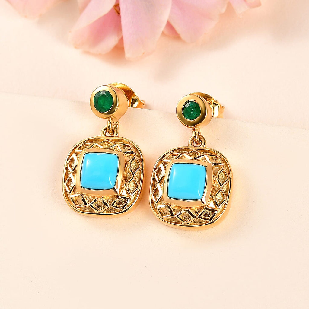 Arizona Sleeping Beauty Turquoise & Emerald Earrings in 18K Gold Vermeil Sterling Silver 1.44 Ct