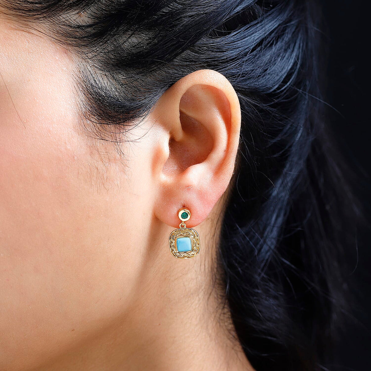 Sleeping Beauty Turquoise, Emerald Dangling Earring in 18K Vermeil YG Plated Sterling Silver 1.46 ct,  Silver Wt. 5 Gms  1.444  Ct. 7731467 3
