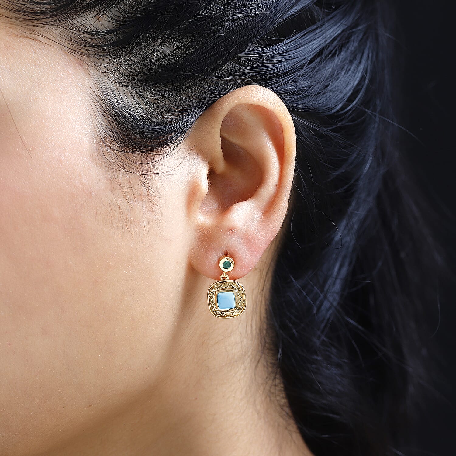 Sleeping Beauty Turquoise, Emerald Dangling Earring in 18K Vermeil YG Plated Sterling Silver 1.46 ct,  Silver Wt. 5 Gms  1.444  Ct. 7731467 3