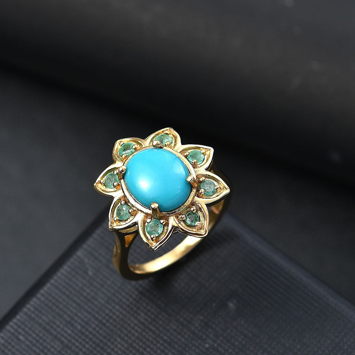 Sleeping Beauty Turquoise and Emerald Floral Ring in 18K Vermeil Yellow Gold Plated Sterling Silver 2.62 Ct. 8058997 2