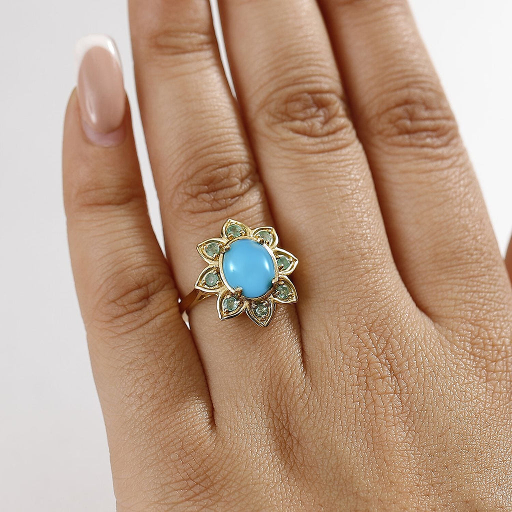 Sleeping Beauty Turquoise & Emerald Solitaire Ring in 18K Vermeil Yellow Gold Plated Sterling Silver 2.62 Ct.