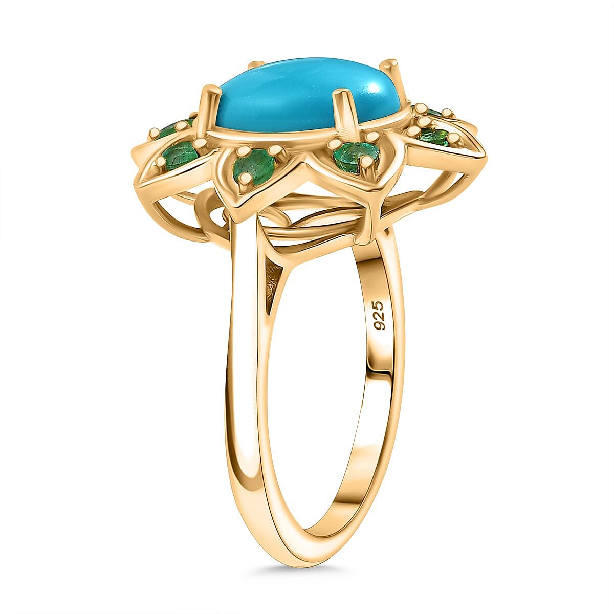 Sleeping Beauty Turquoise and Emerald Floral Ring in 18K Vermeil Yellow Gold Plated Sterling Silver 2.62 Ct. 8058997 4