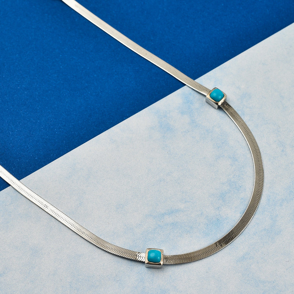 Designer Inspired - Sleeping Beauty Turquoise Herringbone Necklace (Size - 20) in Platinum Overlay Sterling Silver 7710581 2