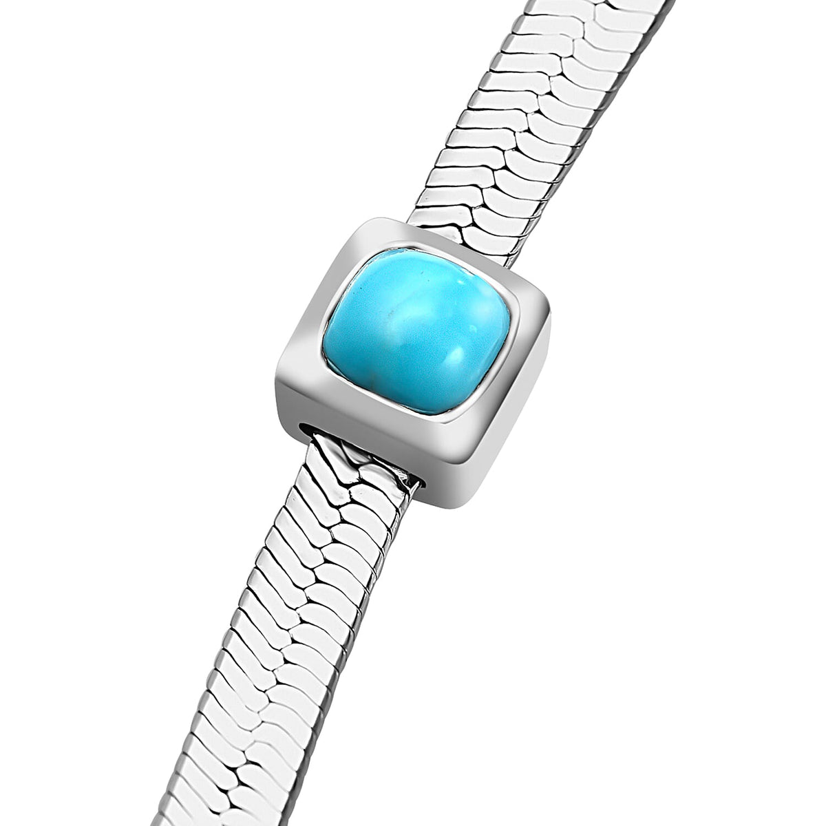 Designer Inspired - Sleeping Beauty Turquoise Herringbone Necklace (Size - 20) in Platinum Overlay Sterling Silver 7710581 3