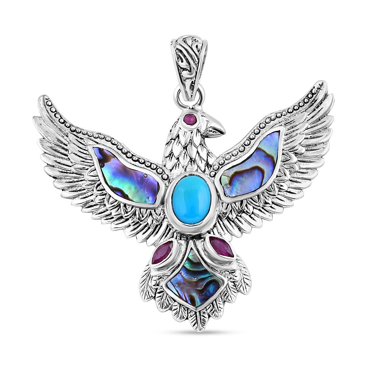 Sleeping Beauty Turquoise ,  Fissure Filled Ruby ,  Abalone Shell  Pendant  Sterling Silver 2.55 pc,  Silver Wt. 9 Gms  2.550  Ct. 7687621 0