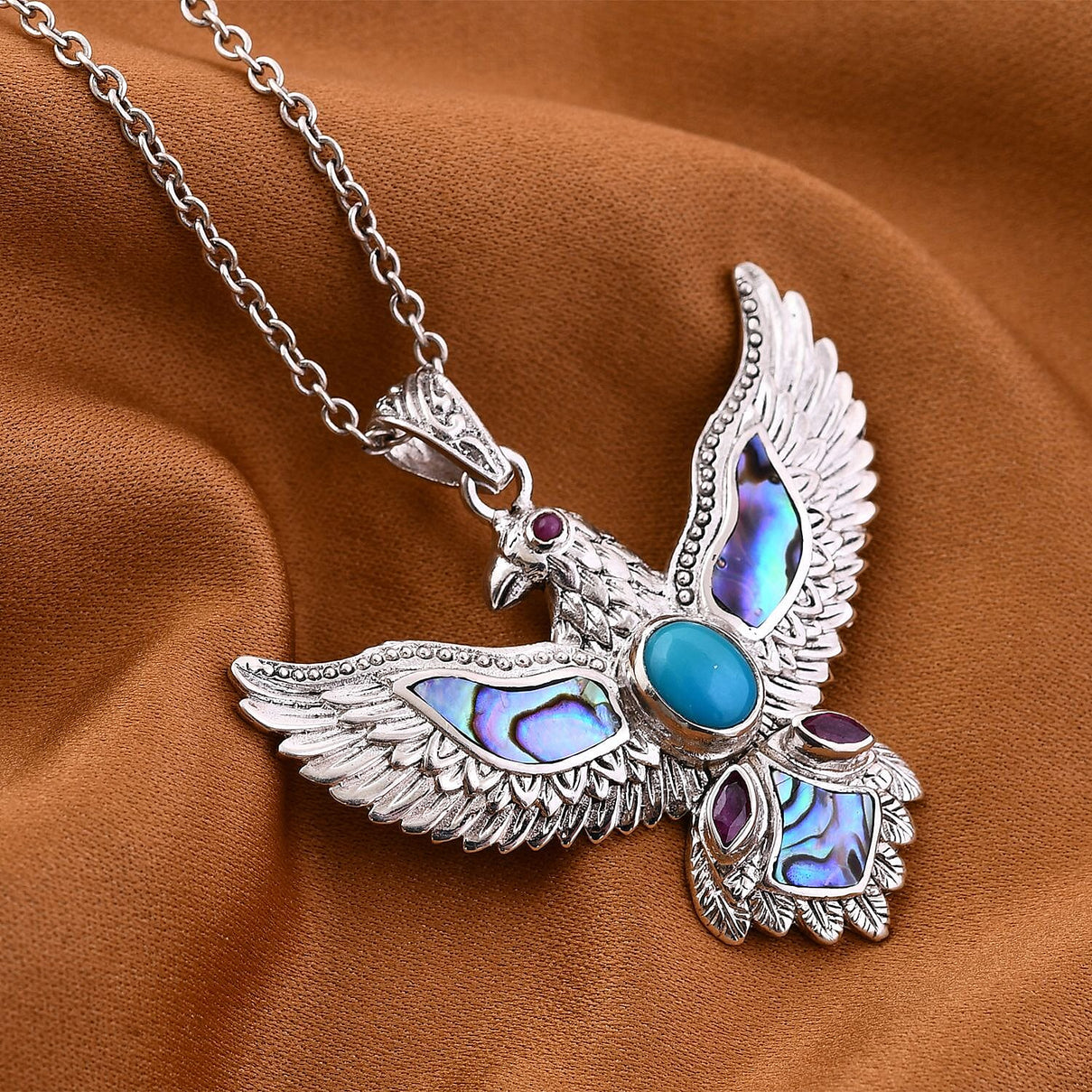 Sleeping Beauty Turquoise ,  Fissure Filled Ruby ,  Abalone Shell  Pendant  Sterling Silver 2.55 pc,  Silver Wt. 9 Gms  2.550  Ct. 7687621 2