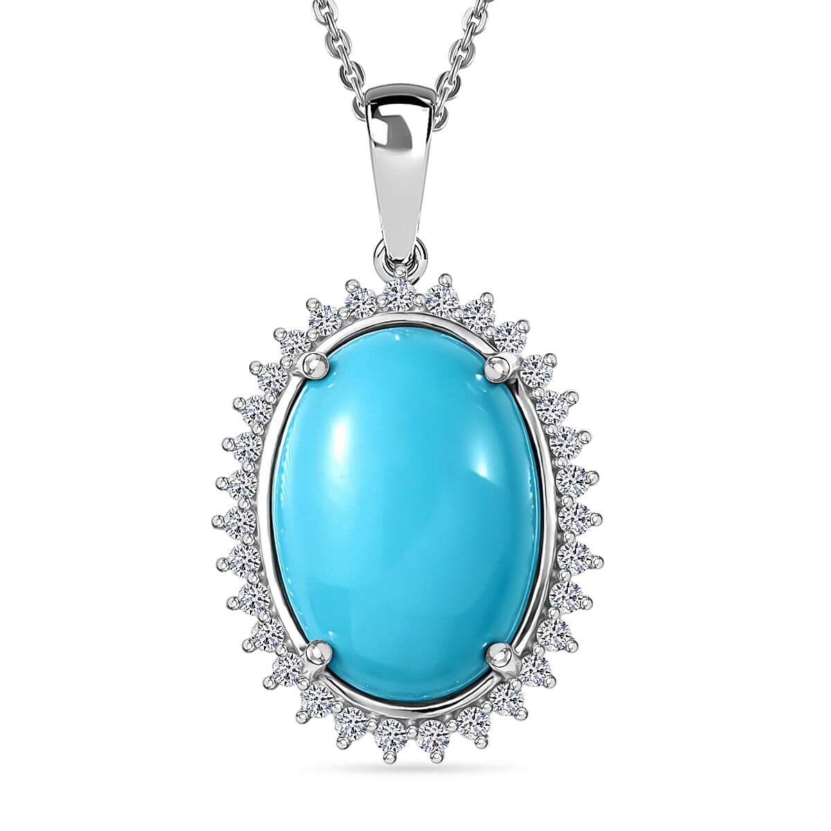 Luxuriant Sleeping Beauty Turquoise &amp; SI-G-H Lab Grown Diamond Halo Pendant with Chain (Size 20) in Rhodium Overlay Sterling Silver 11.07 Ct. 4453831 0