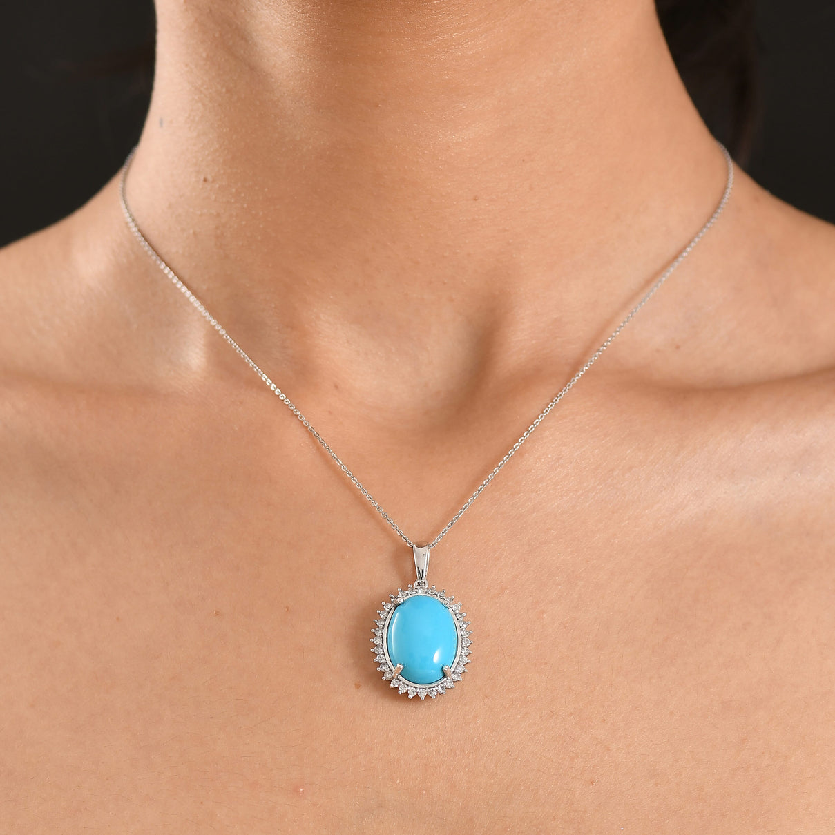 Luxuriant Sleeping Beauty Turquoise &amp; SI-G-H Lab Grown Diamond Halo Pendant with Chain (Size 20) in Rhodium Overlay Sterling Silver 11.07 Ct. 4453831 2