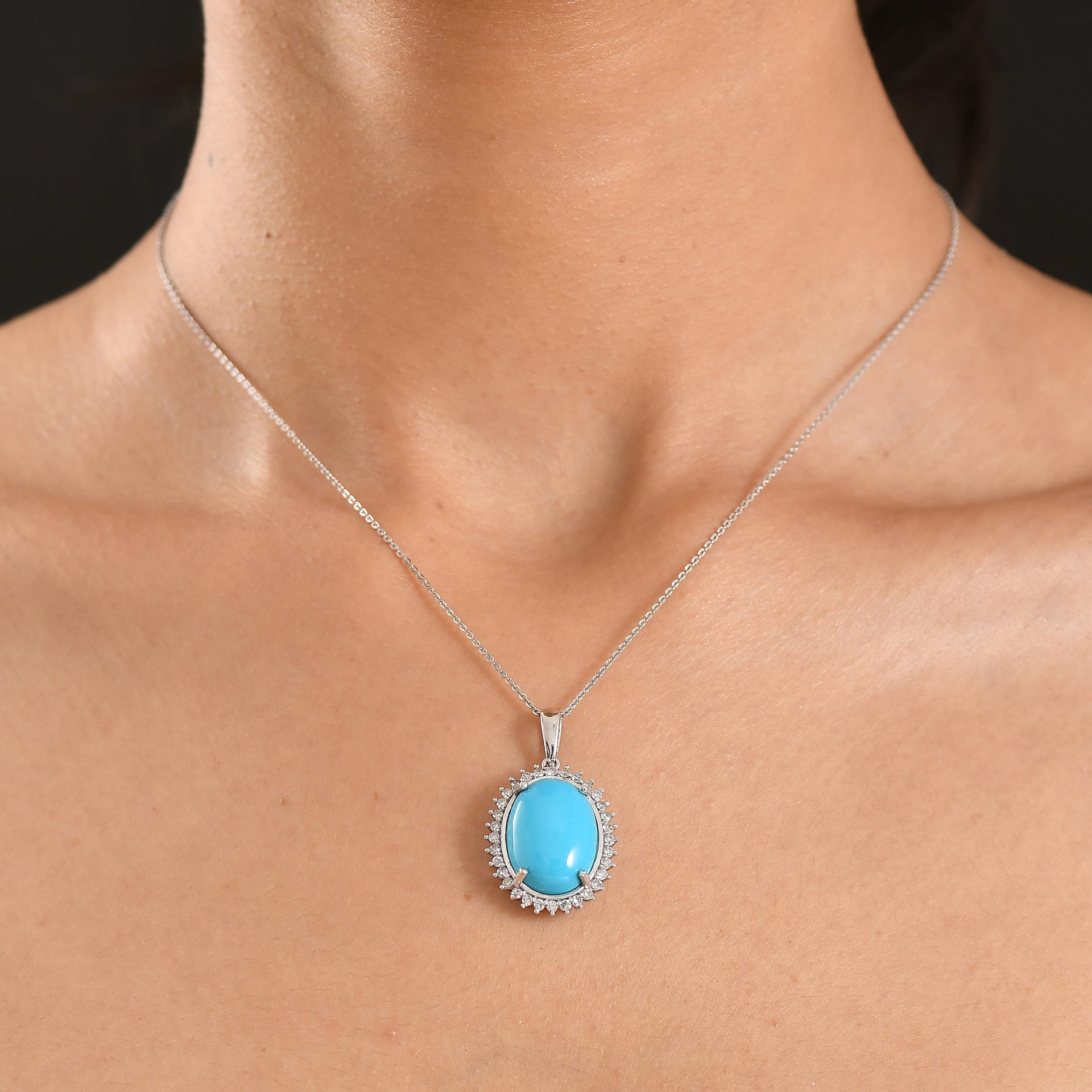 Luxuriant Sleeping Beauty Turquoise &amp; SI-G-H Lab Grown Diamond Halo Pendant with Chain (Size 20) in Rhodium Overlay Sterling Silver 11.07 Ct. 4453831 2