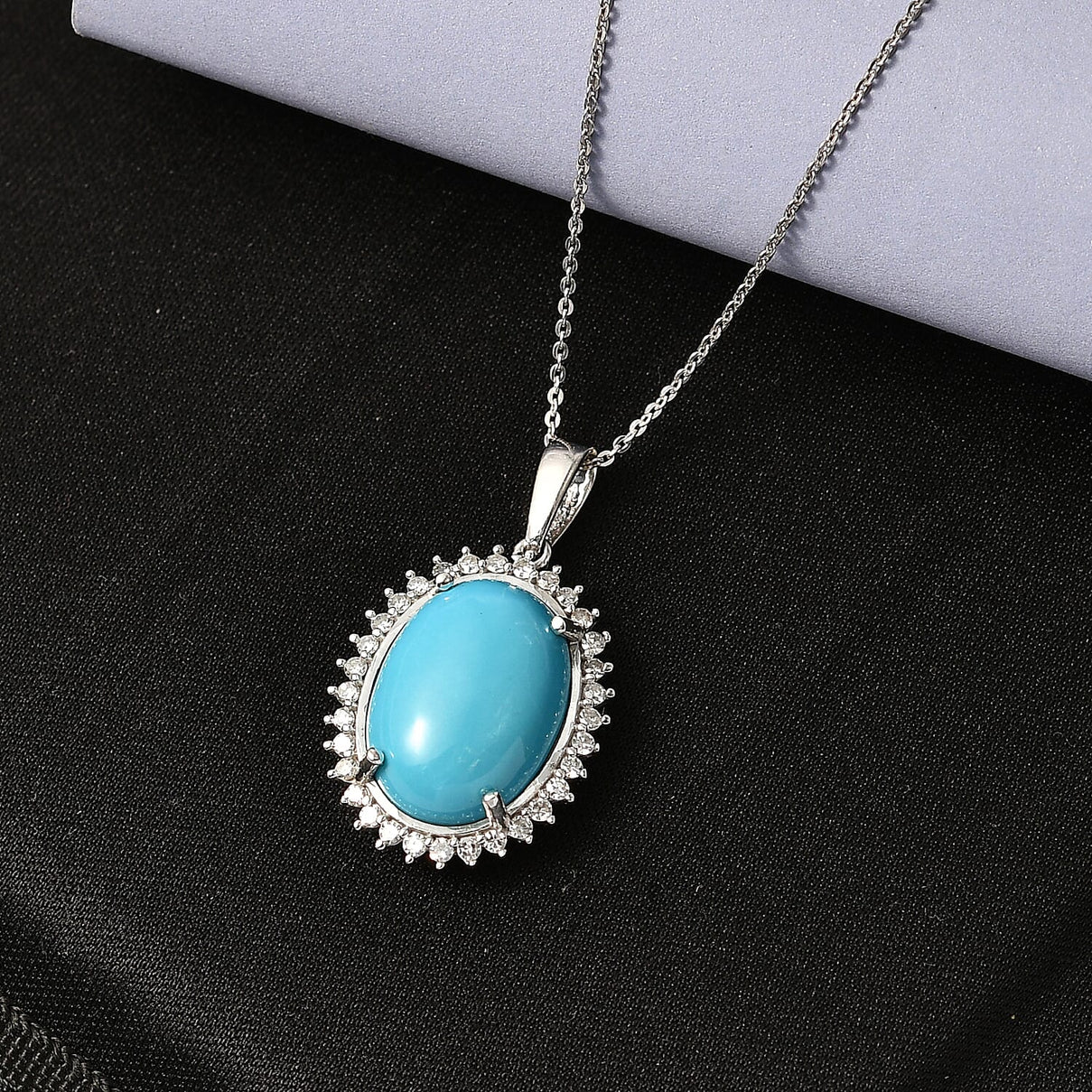 Luxuriant Sleeping Beauty Turquoise &amp; SI-G-H Lab Grown Diamond Halo Pendant with Chain (Size 20) in Rhodium Overlay Sterling Silver 11.07 Ct. 4453831 3