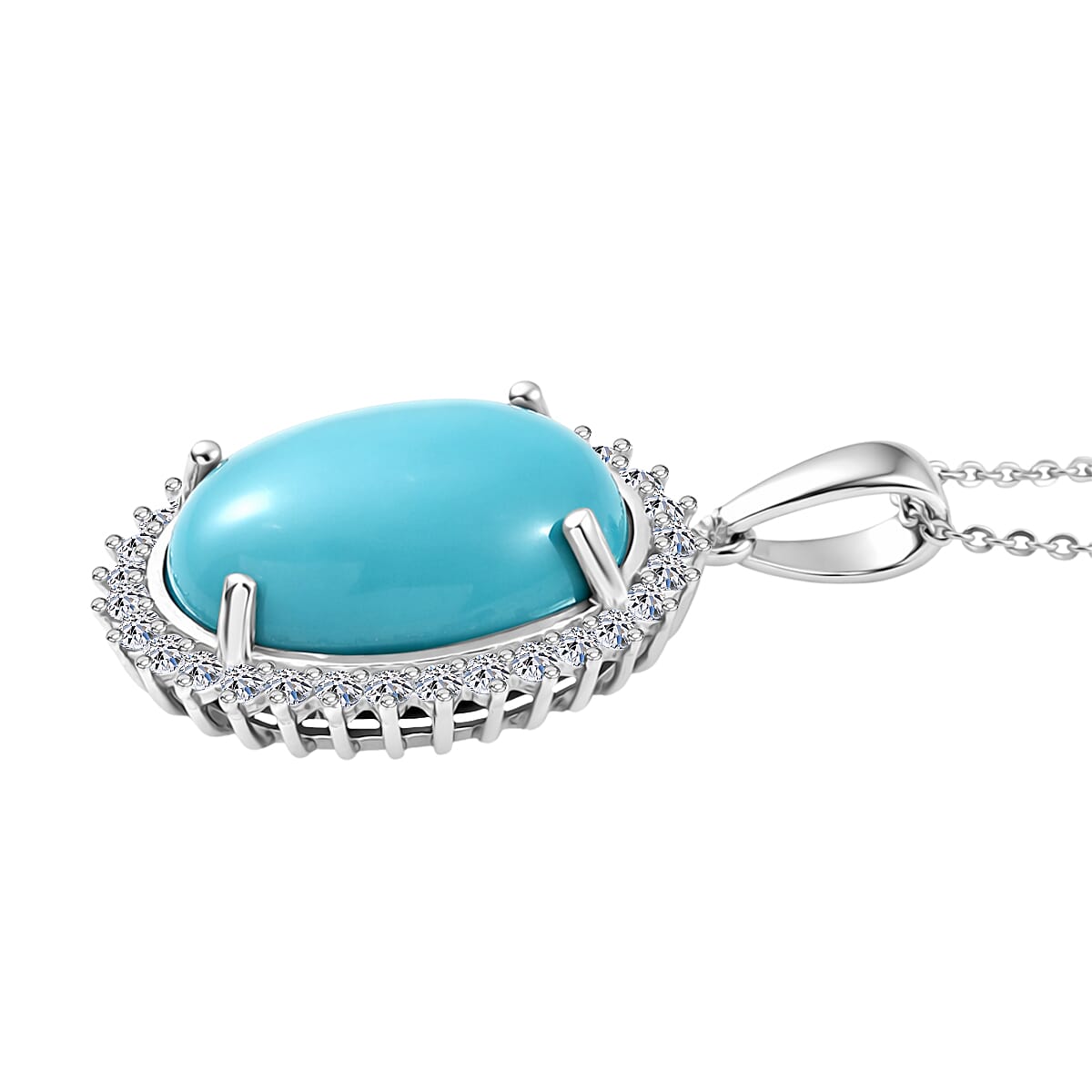 Luxuriant Sleeping Beauty Turquoise &amp; SI-G-H Lab Grown Diamond Halo Pendant with Chain (Size 20) in Rhodium Overlay Sterling Silver 11.07 Ct. 4453831 4