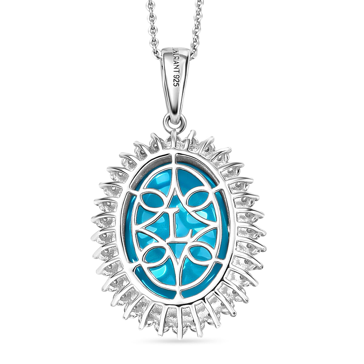 Luxuriant Sleeping Beauty Turquoise &amp; SI-G-H Lab Grown Diamond Halo Pendant with Chain (Size 20) in Rhodium Overlay Sterling Silver 11.07 Ct. 4453831 5