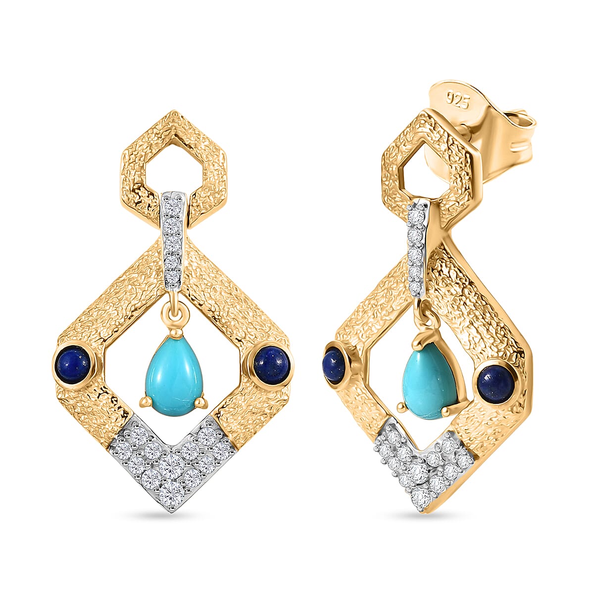 Sleeping Beauty Turquoise, Lapis Lazuli and White Zircon Dangling Earring with Push Back in Yellow Gold Plated Sterling Silver 1.69 Ct. 8233095 0