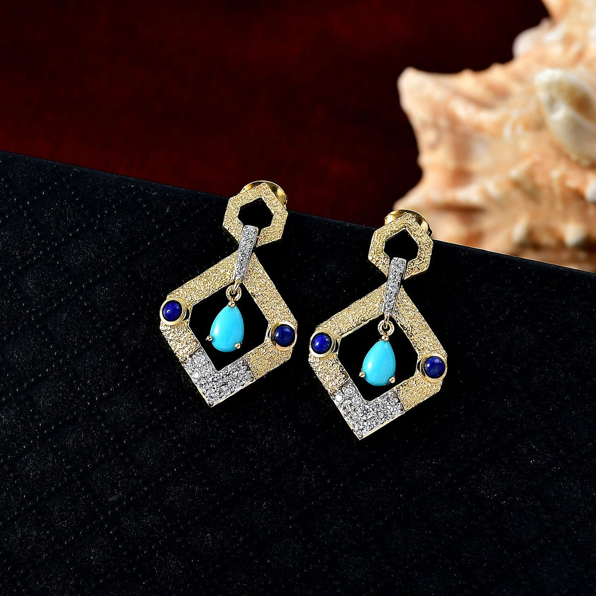 Sleeping Beauty Turquoise, Lapis Lazuli and White Zircon Dangling Earring with Push Back in Yellow Gold Plated Sterling Silver 1.69 Ct. 8233095 2