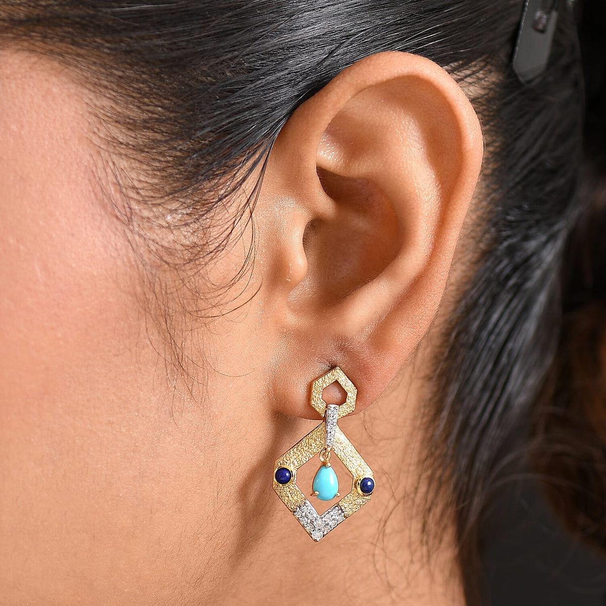 Sleeping Beauty Turquoise, Lapis Lazuli and White Zircon Dangling Earring with Push Back in Yellow Gold Plated Sterling Silver 1.69 Ct. 8233095 3