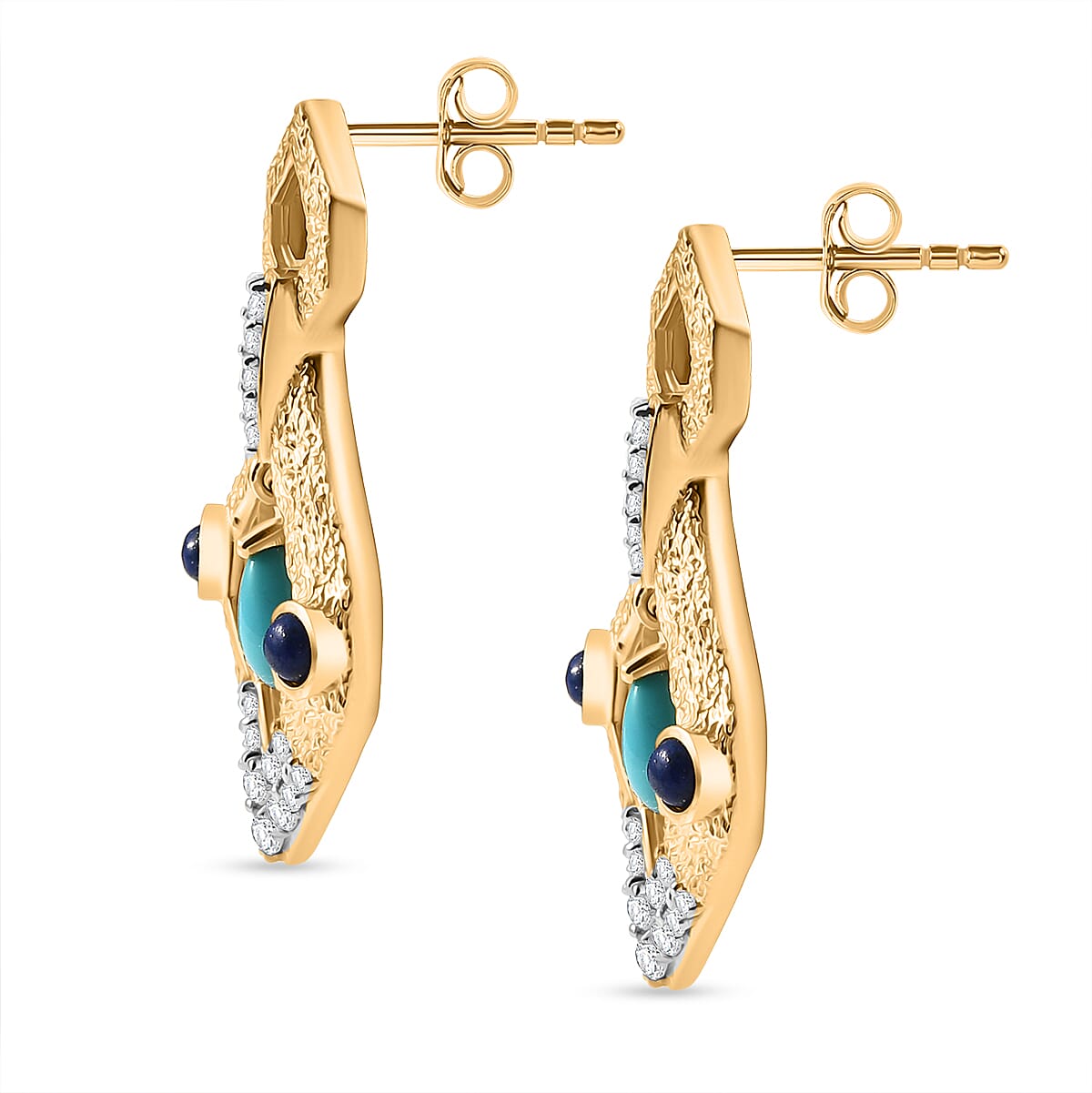 Sleeping Beauty Turquoise, Lapis Lazuli and White Zircon Dangling Earring with Push Back in Yellow Gold Plated Sterling Silver 1.69 Ct. 8233095 4