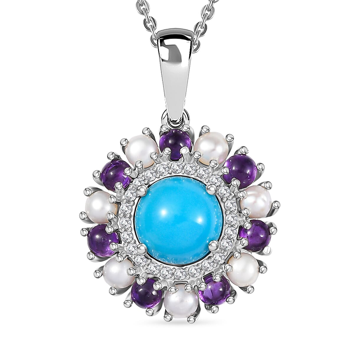 D'joy Sleeping Beauty Turquoise, Pearls and Amethyst Halo Pendant with Chain (Size - 20) in Rhodium Overlay Sterling Silver 2.65 Ct. 4356347 0