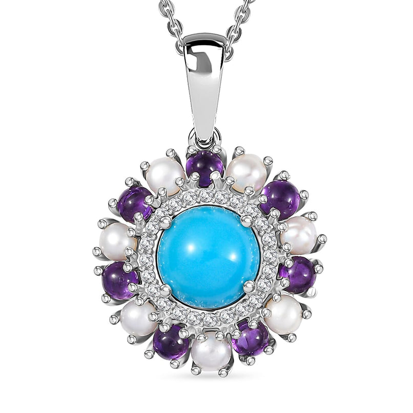 D'joy Sleeping Beauty Turquoise, Pearls and Amethyst Halo Pendant with Chain (Size - 20) in Rhodium Overlay Sterling Silver 2.65 Ct.