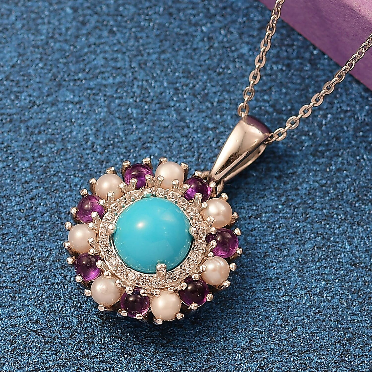 D'joy Sleeping Beauty Turquoise, Pearls and Amethyst Halo Pendant with Chain (Size - 20) in Rhodium Overlay Sterling Silver 2.65 Ct. 4356347 2