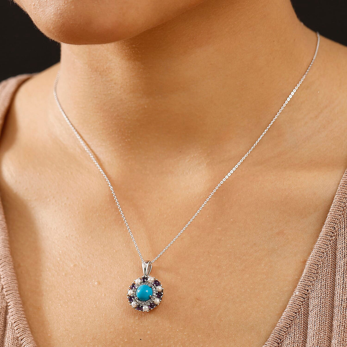 D'joy Sleeping Beauty Turquoise, Pearls and Amethyst Halo Pendant with Chain (Size - 20) in Rhodium Overlay Sterling Silver 2.65 Ct. 4356347 3