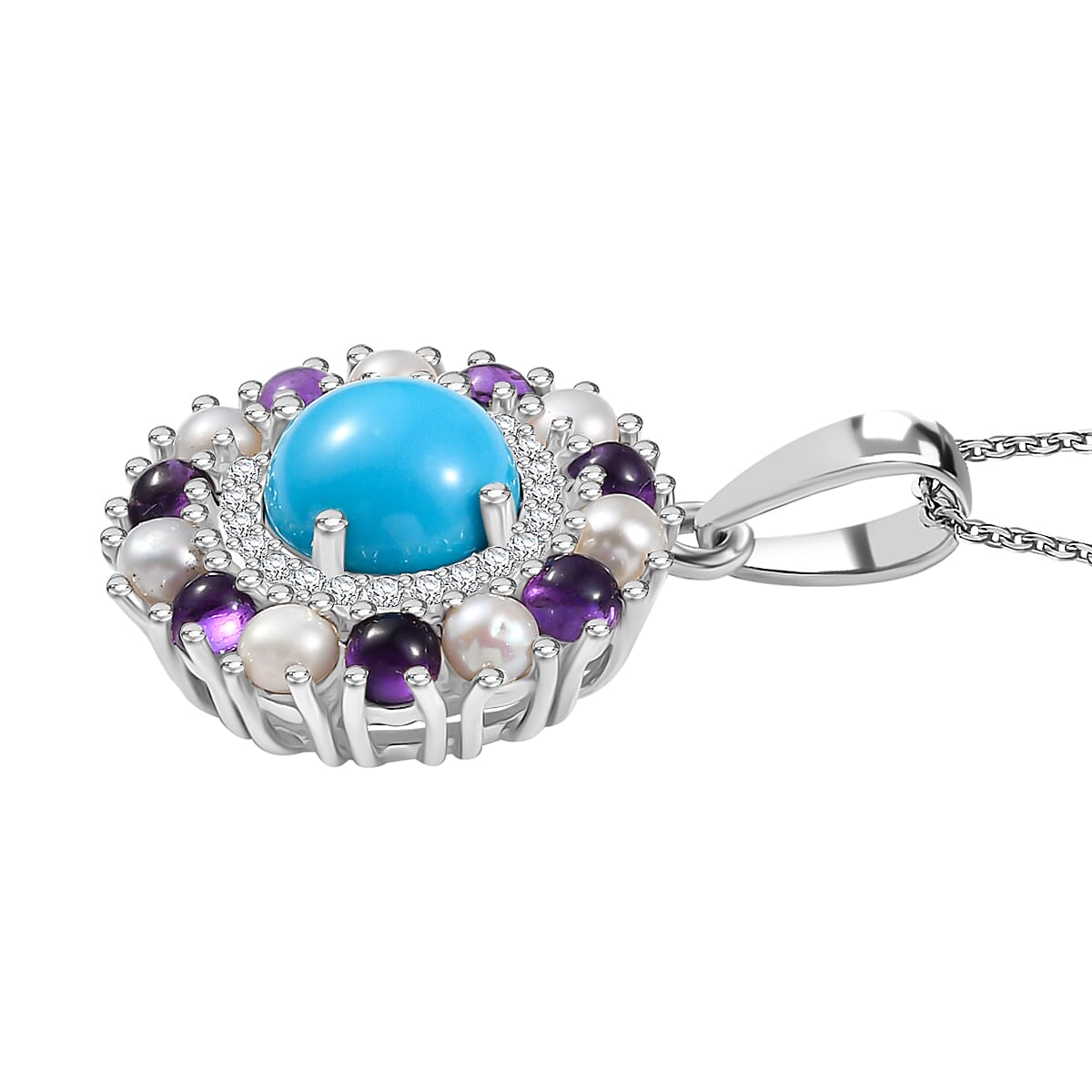 D'joy Sleeping Beauty Turquoise, Pearls and Amethyst Halo Pendant with Chain (Size - 20) in Rhodium Overlay Sterling Silver 2.65 Ct. 4356347 4
