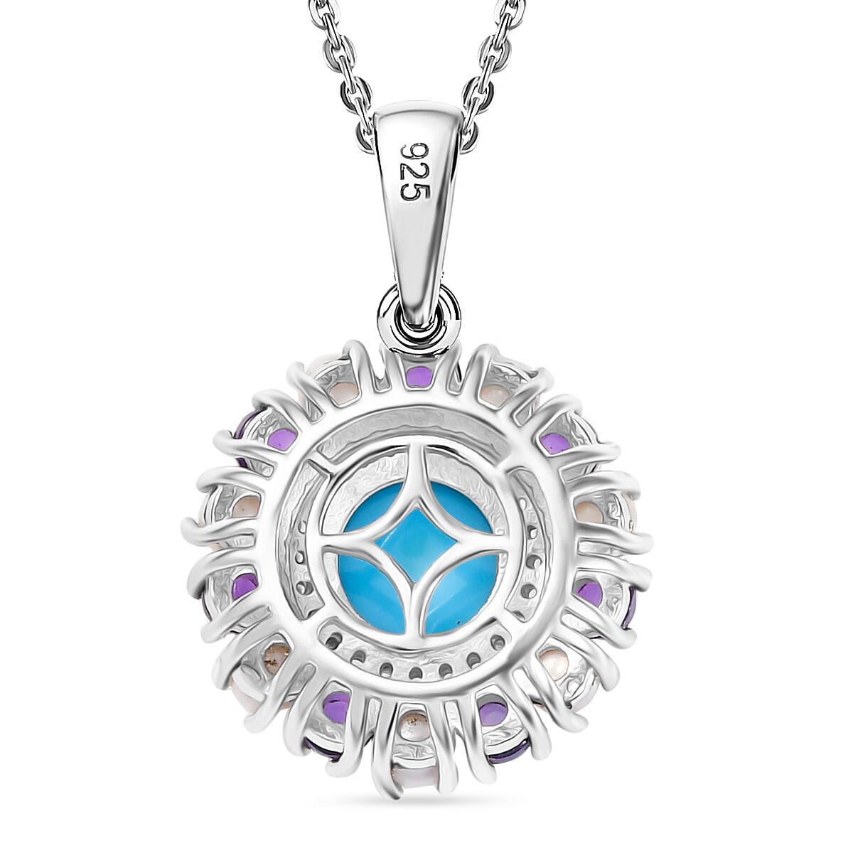 D'joy Sleeping Beauty Turquoise, Pearls and Amethyst Halo Pendant with Chain (Size - 20) in Rhodium Overlay Sterling Silver 2.65 Ct. 4356347 5
