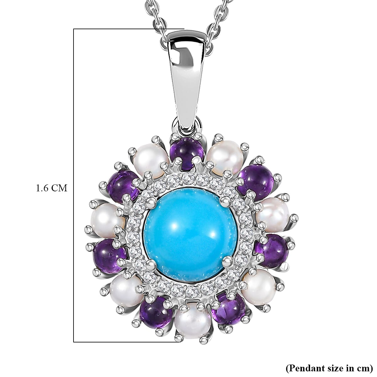 D'joy Sleeping Beauty Turquoise, Pearls and Amethyst Halo Pendant with Chain (Size - 20) in Rhodium Overlay Sterling Silver 2.65 Ct. 4356347 6