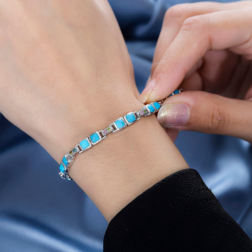 Arizona Sleeping Beauty Turquoise & Multi-Tourmaline Tennis Bracelet (Size - 7) in Rhodium Overlay Sterling Silver 5.12 Ct, Silver Wt. 13.62 Gms